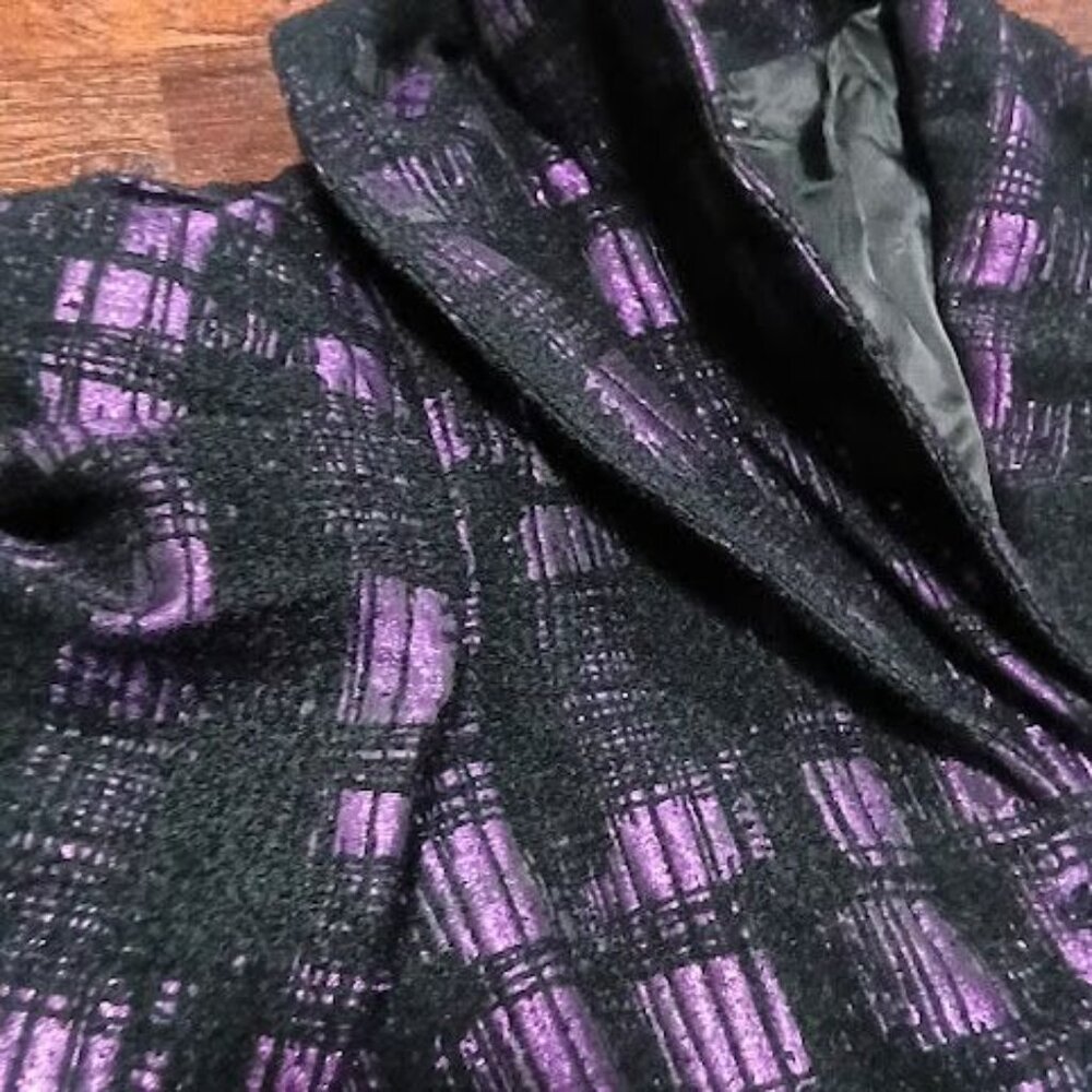 Samuel Dong Womens Purple & Black Plaid Puff Sleeve Coat Size S - Picture 7 of 16